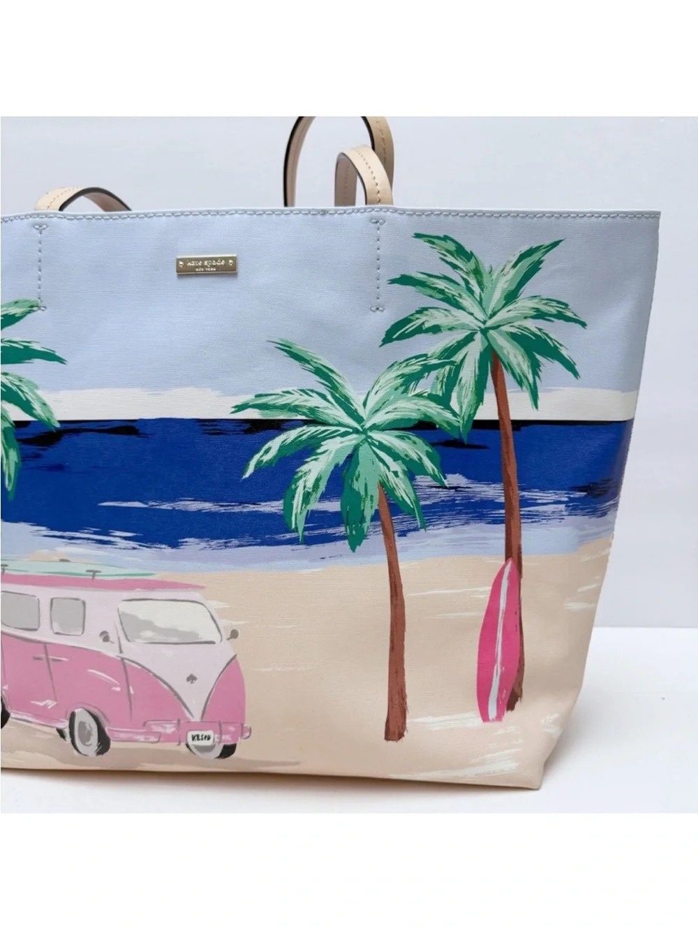 Kate Spade Hallie Tote Beach Scene Palm Trees VW Bus Coastal Tote